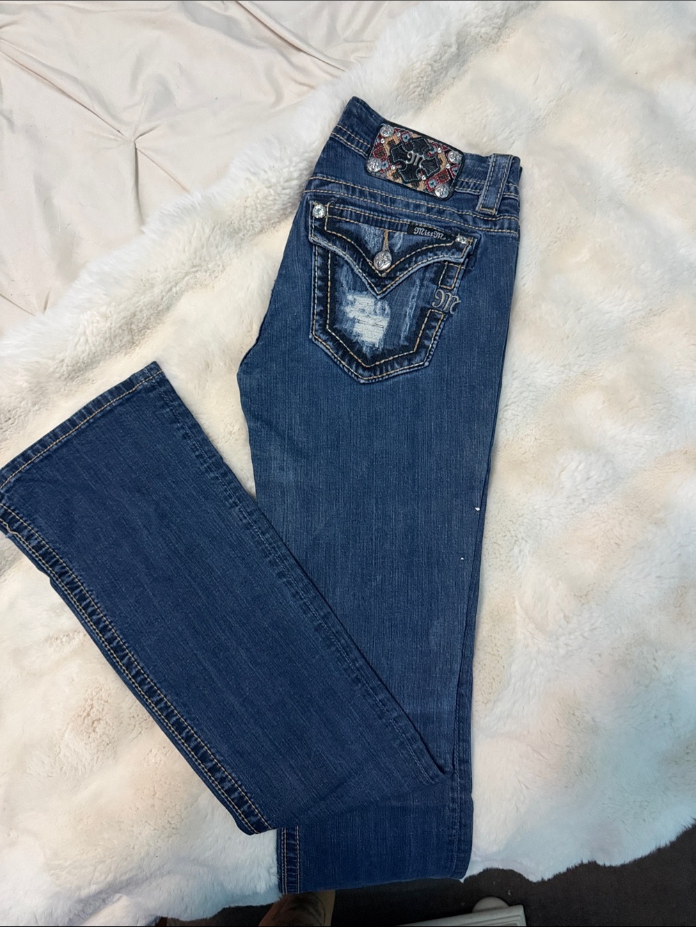 Miss Me Dark Blue Straight Leg Jeans with Embellished Back Pocket